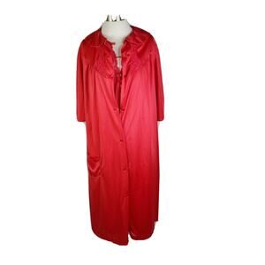 Vtg 60s Miss Elaine Red Satin & Lace Robe Peignoir Sz S M 3/4 Sleeves 4 Button